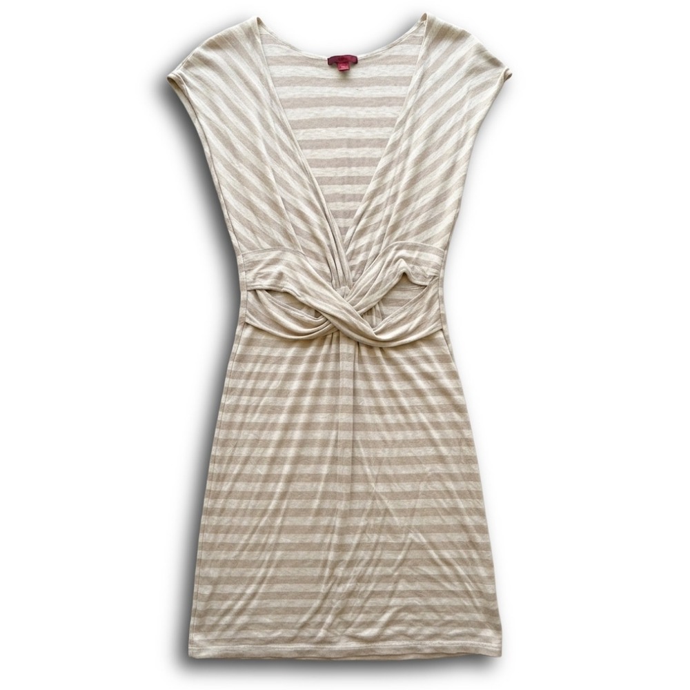 Merona Women Beige White Striped Twist Front V-Neck Sleeveless Knit Dress Size M